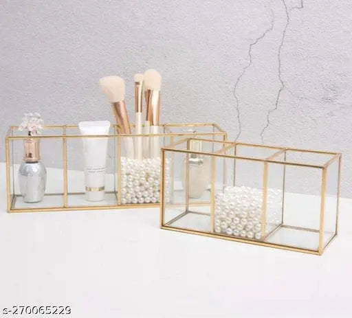 Glass Makeup Organiser with Metal Gold Lining