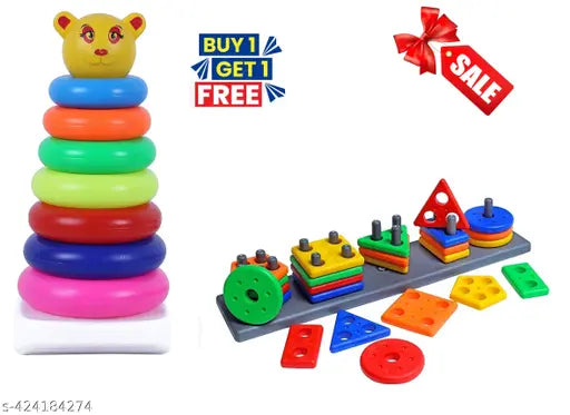 7 Ring Colorful Teddy Rings with Smiley Stacking Play Set (Buy One Get One Free)