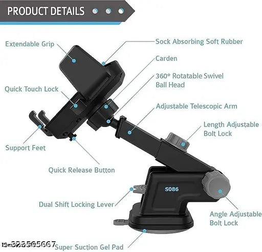 Universal Car Mobile Phone Holder Mount Stand with 360 Degree Rotation - (Black)