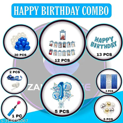 Baby boy 1st happy birthday party decorations combo - (71 Pcs Blue Pack)