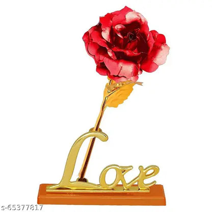 24K Gold Plated Red Rose Flower with Love Stand