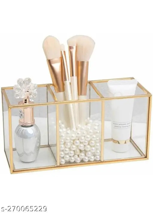 Glass Makeup Organiser with Metal Gold Lining