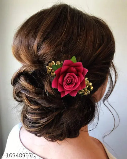 Artificial Red Rose Flowers Hair Clips