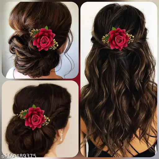Artificial Red Rose Flowers Hair Clips