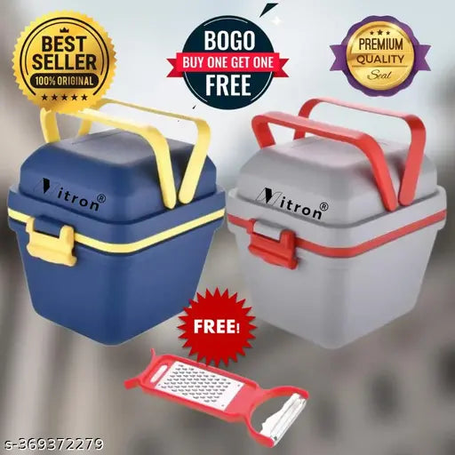 Nitron® Airtight Lunch Box Set (BUY 1 GET 1 FREE AND PILLAR)| 3 Compartment Tiffin with Handle & Push Lock  ( Blue And Grey)